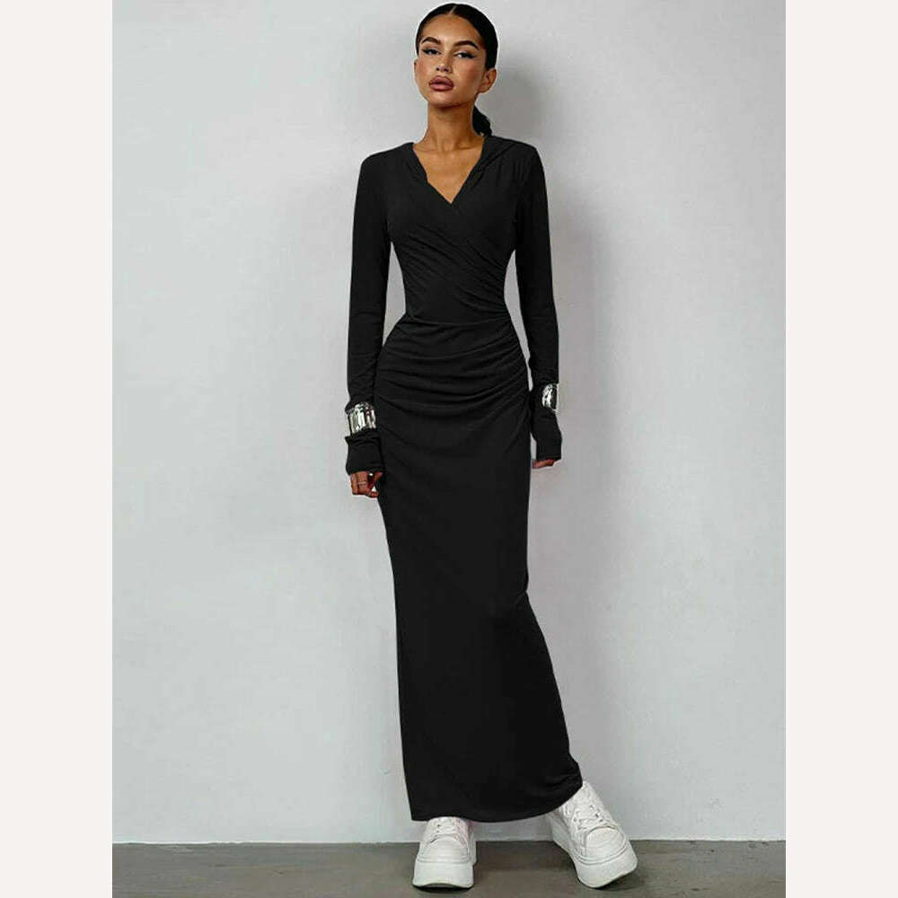 KIMLUD, Hugcitar Solid Hoodies V Neck Long Sleeve Draped Sexy Slim Maxi Dress 2023 Winter Women Fashion Y2K Outfits Streetwear Party, black / S, KIMLUD Womens Clothes