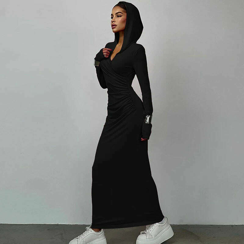 KIMLUD, Hugcitar Solid Hoodies V Neck Long Sleeve Draped Sexy Slim Maxi Dress 2023 Winter Women Fashion Y2K Outfits Streetwear Party, KIMLUD Women's Clothes
