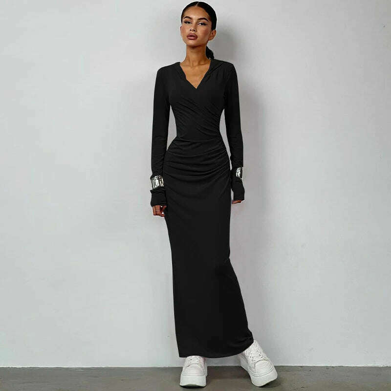 KIMLUD, Hugcitar Solid Hoodies V Neck Long Sleeve Draped Sexy Slim Maxi Dress 2023 Winter Women Fashion Y2K Outfits Streetwear Party, KIMLUD Womens Clothes