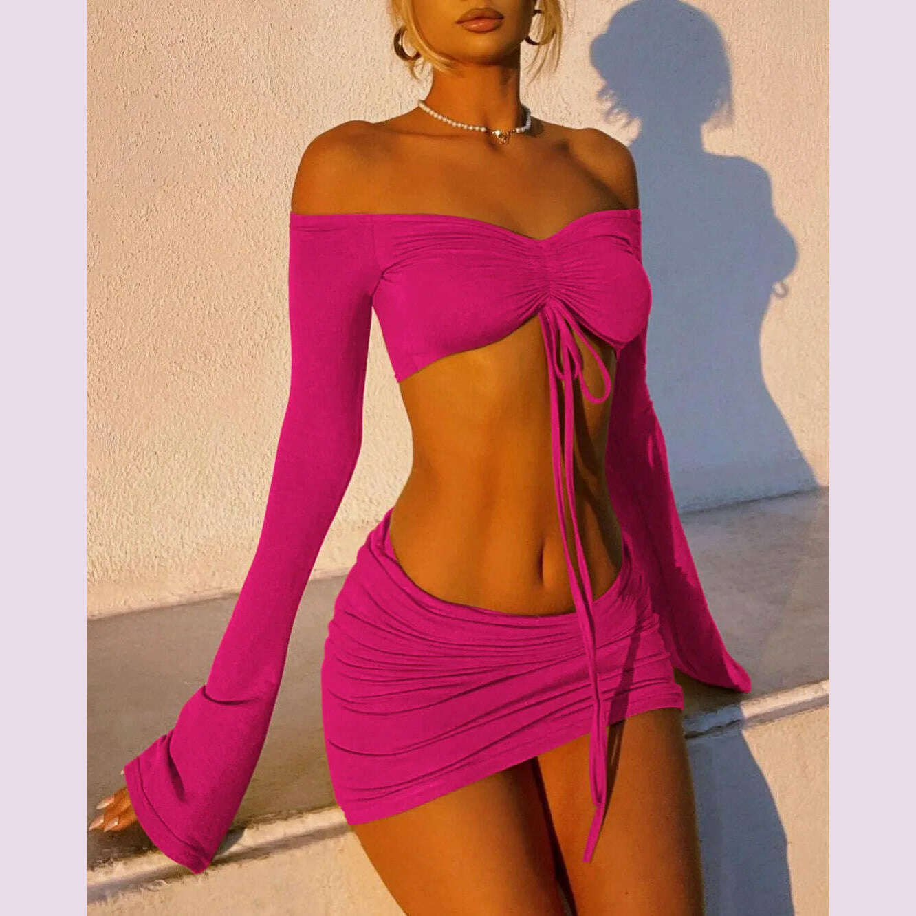 Hugcitar Women Matching 2 Piece Set Long Sleeve Drawstring Ruched Crop Top Mini Skirt Suit Co Ords Outfits Bodycon Sexy Party - KIMLUD