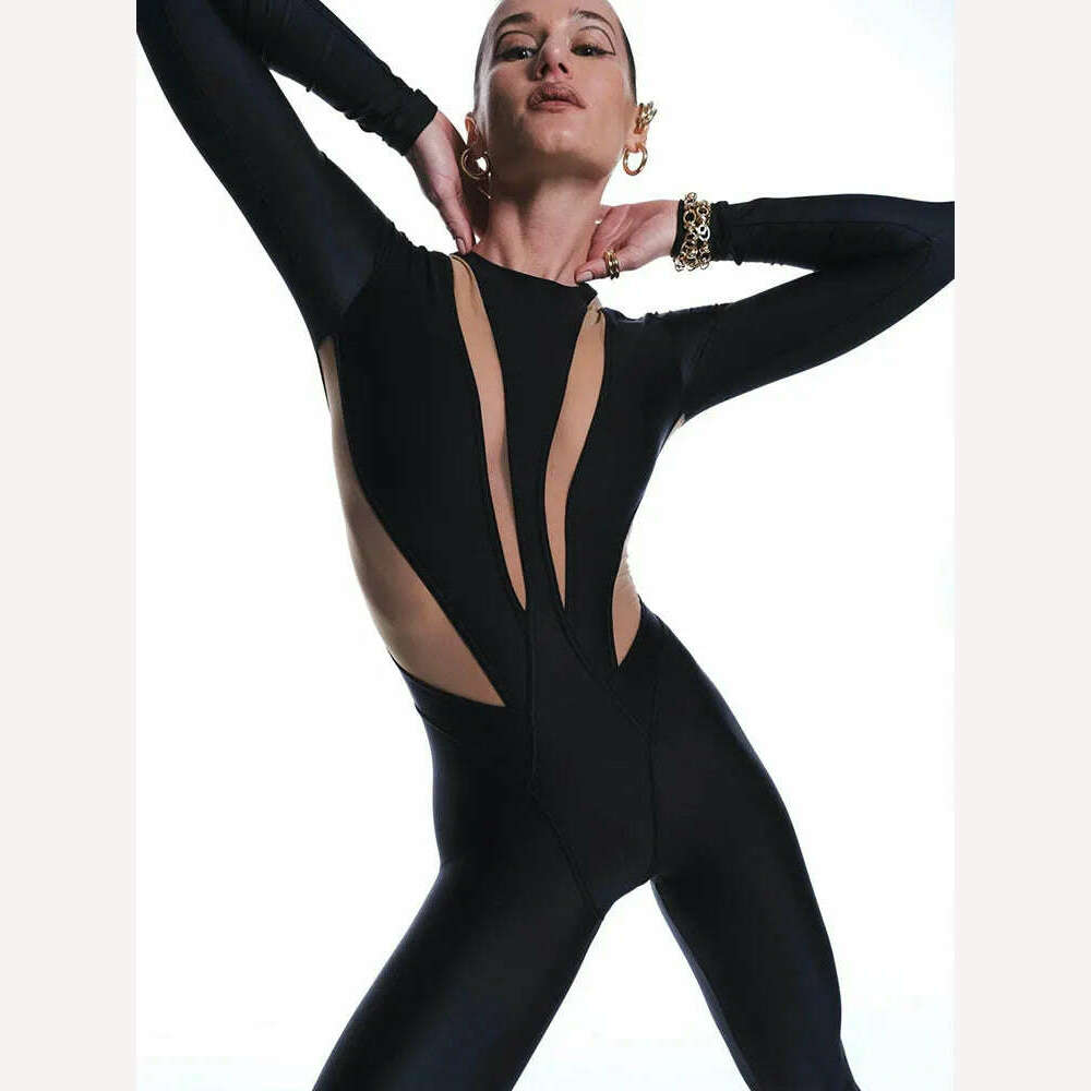 Huhugirl Sexy Mesh Patchwork Rompers Women Jumpsuits Fashion O Neck Long Sleeve Skinny Black Jumpsuits Female One Piece Overalls - KIMLUD