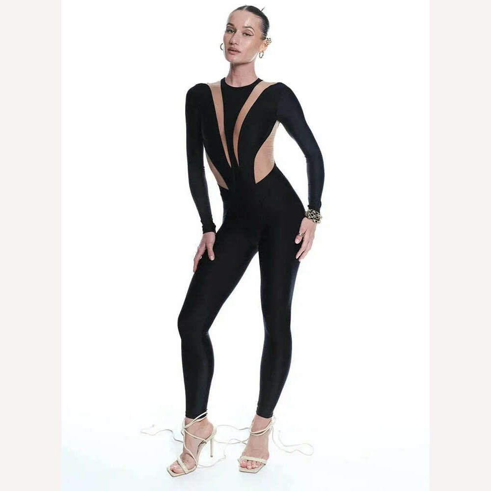 Huhugirl Sexy Mesh Patchwork Rompers Women Jumpsuits Fashion O Neck Long Sleeve Skinny Black Jumpsuits Female One Piece Overalls - KIMLUD