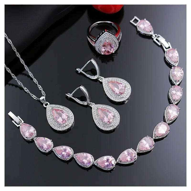 KIMLUD, HuiSept Rings Earrings Necklace Bracelet 925 Silver Jewelry Set for Women Wedding Party Water Drop Shape Sapphire Gemstone Gift, pink / 6, KIMLUD Women's Clothes