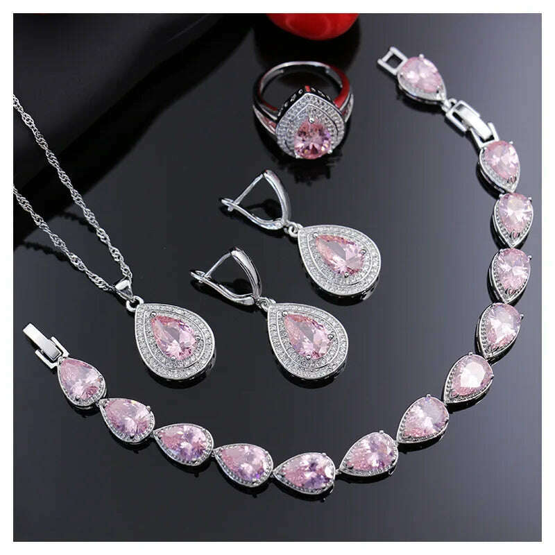 KIMLUD, HuiSept Rings Earrings Necklace Bracelet 925 Silver Jewelry Set for Women Wedding Party Water Drop Shape Sapphire Gemstone Gift, pink / 6, KIMLUD APPAREL - Womens Clothes