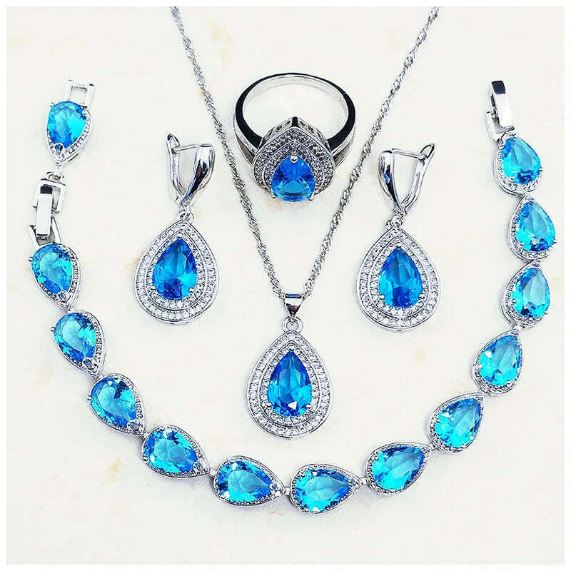 KIMLUD, HuiSept Rings Earrings Necklace Bracelet 925 Silver Jewelry Set for Women Wedding Party Water Drop Shape Sapphire Gemstone Gift, sea blue / 6, KIMLUD APPAREL - Womens Clothes