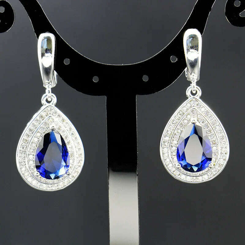 KIMLUD, HuiSept Rings Earrings Necklace Bracelet 925 Silver Jewelry Set for Women Wedding Party Water Drop Shape Sapphire Gemstone Gift, KIMLUD Women's Clothes
