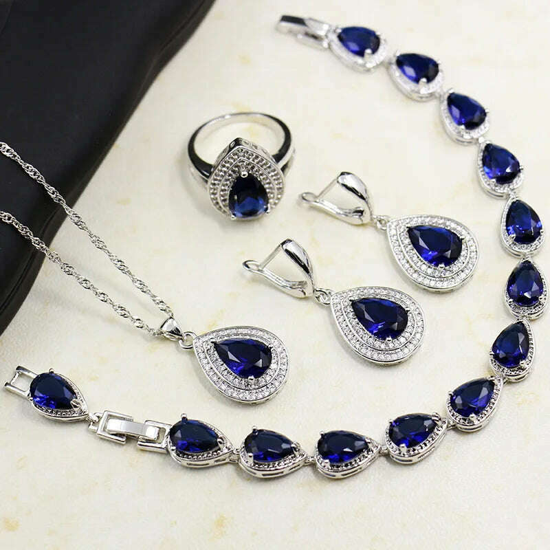 KIMLUD, HuiSept Rings Earrings Necklace Bracelet 925 Silver Jewelry Set for Women Wedding Party Water Drop Shape Sapphire Gemstone Gift, blue / 6, KIMLUD Women's Clothes