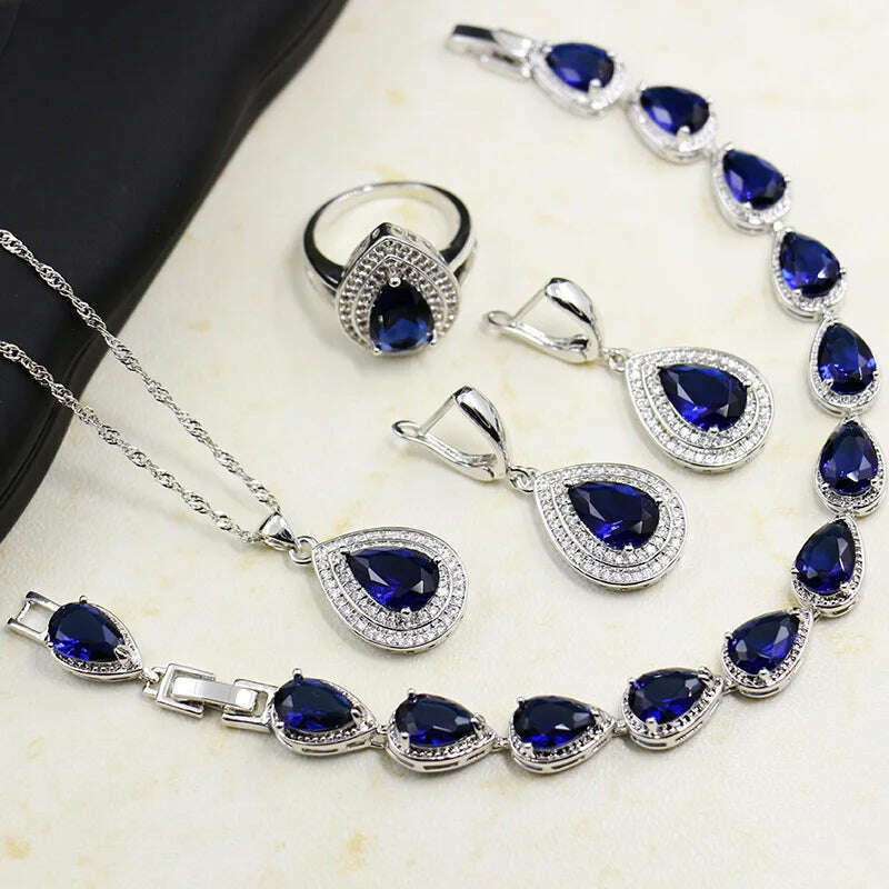 KIMLUD, HuiSept Rings Earrings Necklace Bracelet 925 Silver Jewelry Set for Women Wedding Party Water Drop Shape Sapphire Gemstone Gift, blue / 6, KIMLUD APPAREL - Womens Clothes