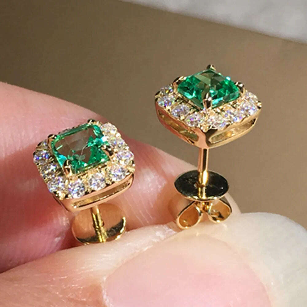 KIMLUD, Huitan Eternity Green CZ Stud Earrings for Women Gold Color Luxury Bride Wedding Earrings Elegant Ear Accessories Party Jewelry, E2136, KIMLUD Women's Clothes