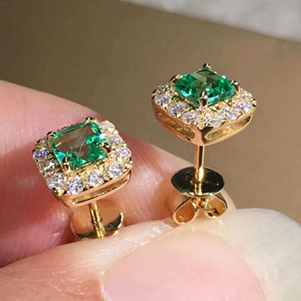 Huitan Eternity Green CZ Stud Earrings for Women Gold Color Luxury Bride Wedding Earrings Elegant Ear Accessories Party Jewelry - KIMLUD