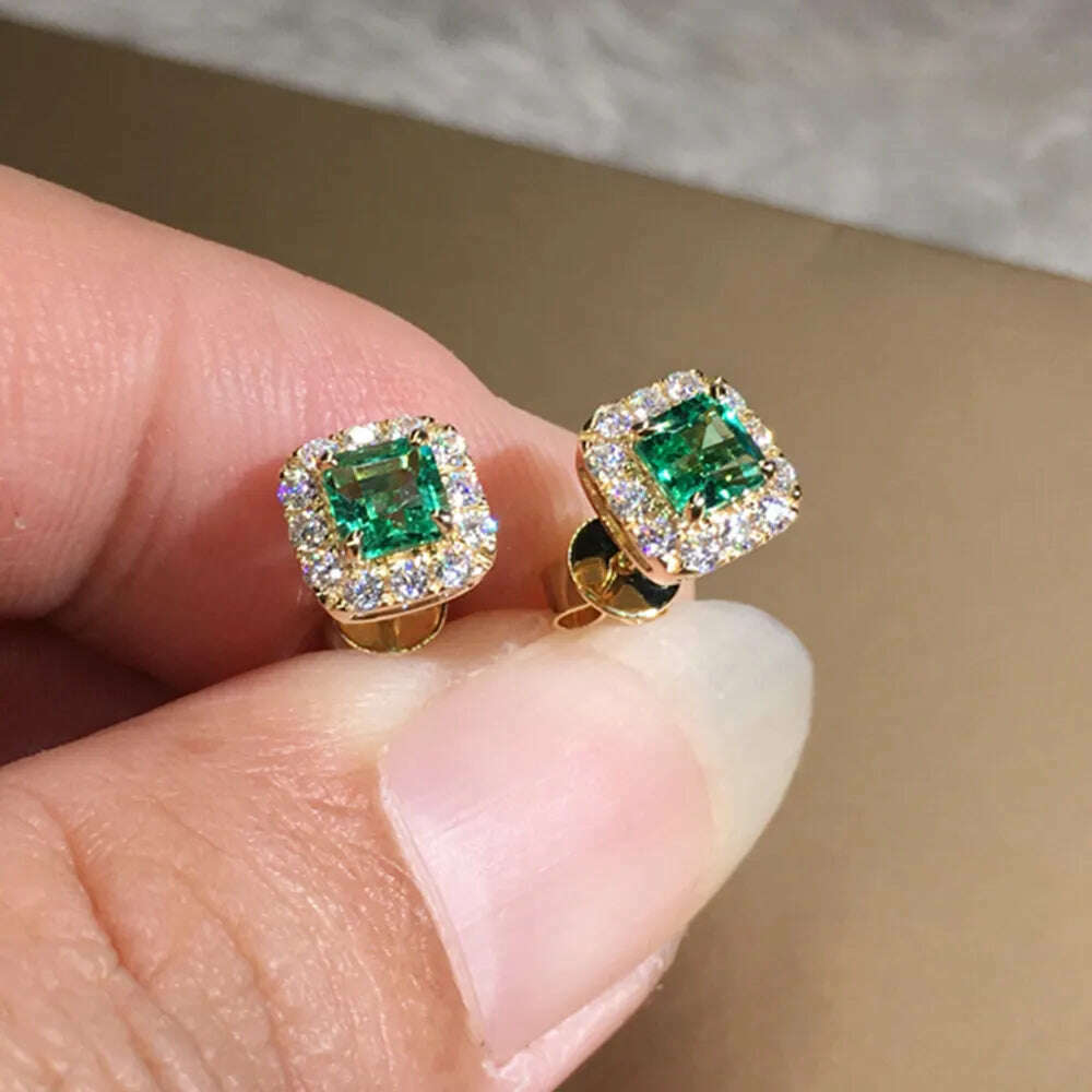 Huitan Eternity Green CZ Stud Earrings for Women Gold Color Luxury Bride Wedding Earrings Elegant Ear Accessories Party Jewelry - KIMLUD