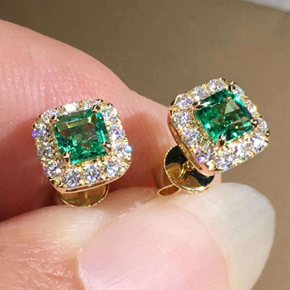 KIMLUD, Huitan Eternity Green CZ Stud Earrings for Women Gold Color Luxury Bride Wedding Earrings Elegant Ear Accessories Party Jewelry, KIMLUD Women's Clothes