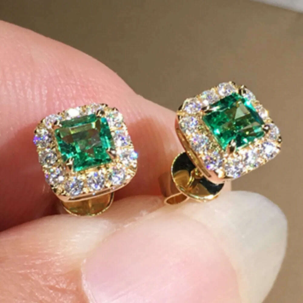 Huitan Eternity Green CZ Stud Earrings for Women Gold Color Luxury Bride Wedding Earrings Elegant Ear Accessories Party Jewelry - KIMLUD