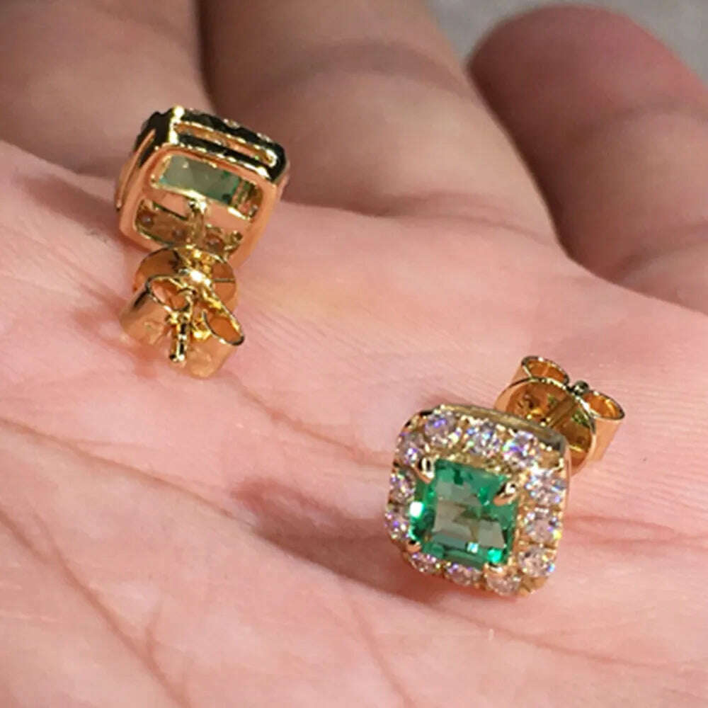 Huitan Eternity Green CZ Stud Earrings for Women Gold Color Luxury Bride Wedding Earrings Elegant Ear Accessories Party Jewelry - KIMLUD
