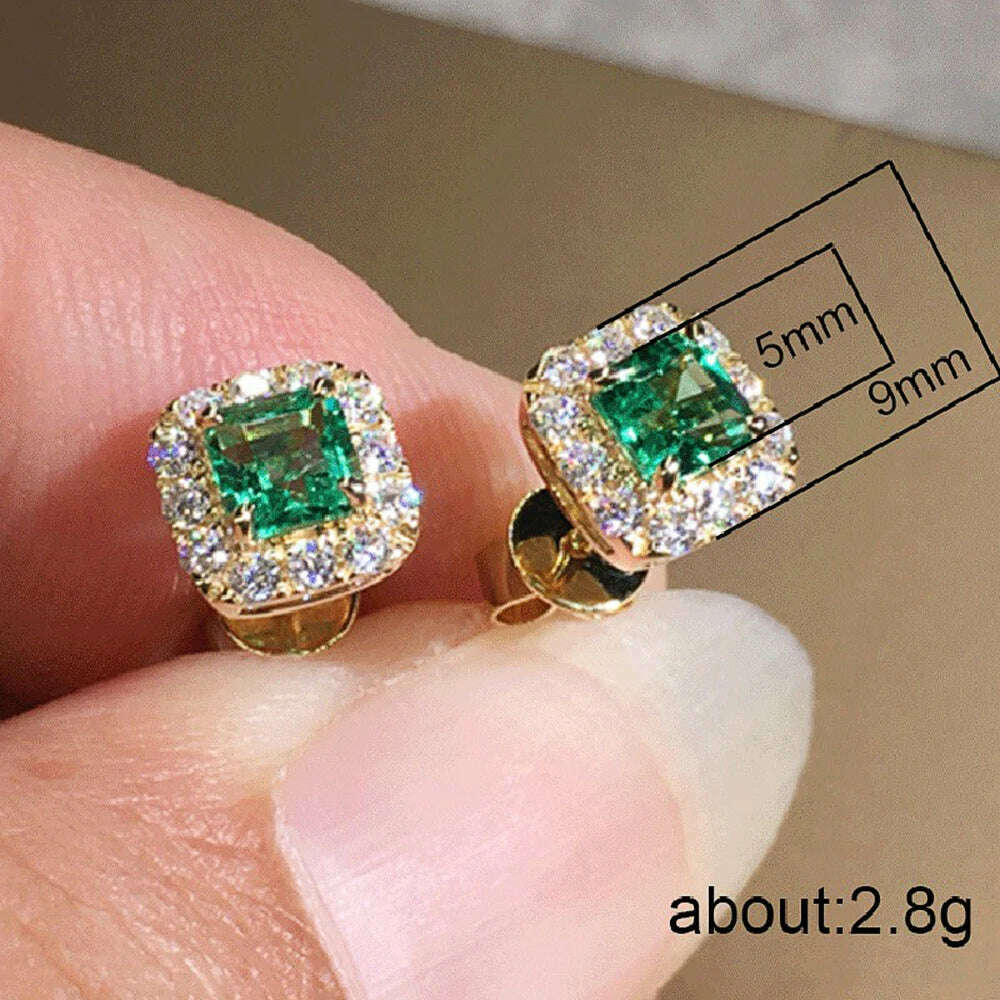 Huitan Eternity Green CZ Stud Earrings for Women Gold Color Luxury Bride Wedding Earrings Elegant Ear Accessories Party Jewelry - KIMLUD