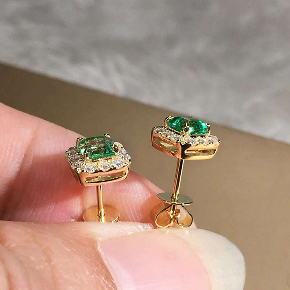 Huitan Eternity Green CZ Stud Earrings for Women Gold Color Luxury Bride Wedding Earrings Elegant Ear Accessories Party Jewelry - KIMLUD
