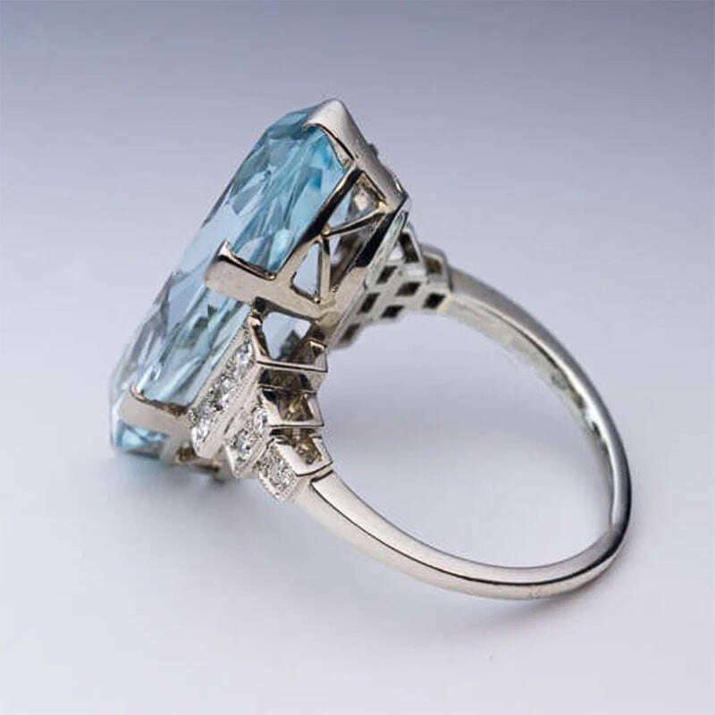 Huitan Female Light Sky Blue Wedding Ring Solitaire Band Oval Stone Engage Party Women Luxury Jewelry Shine CZ Stone Best Gift - KIMLUD