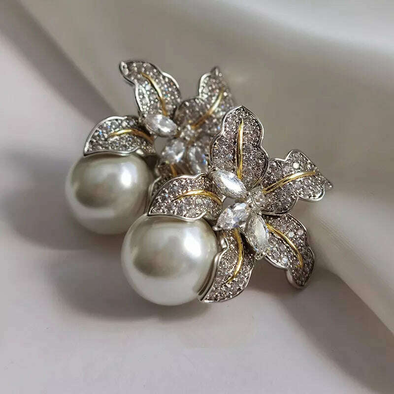 Huitan Gorgeous Flower Imitation Pearl Earrings Women Luxury Inlaid Sparkling CZ Stone Fashion Wedding Jewelry Wholesale Lots, KIMLUD Women's Clothes