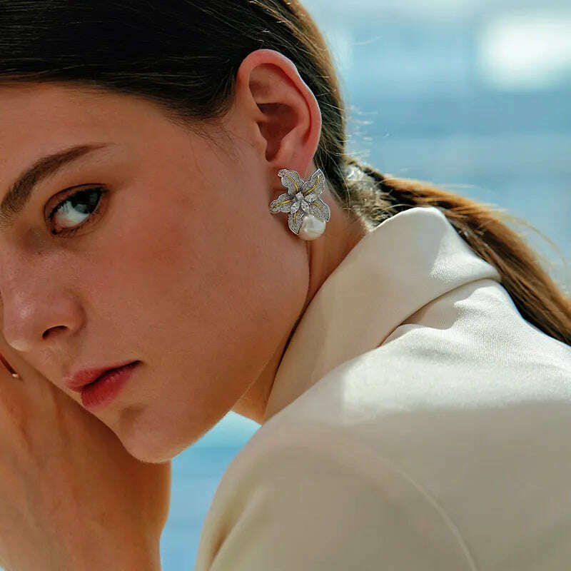 Huitan Gorgeous Flower Imitation Pearl Earrings Women Luxury Inlaid Sparkling CZ Stone Fashion Wedding Jewelry Wholesale Lots - KIMLUD