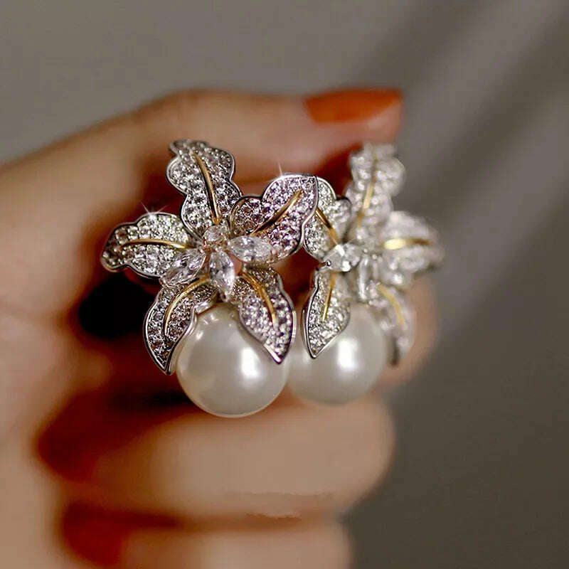 KIMLUD, Huitan Gorgeous Flower Imitation Pearl Earrings Women Luxury Inlaid Sparkling CZ Stone Fashion Wedding Jewelry Wholesale Lots, KIMLUD Womens Clothes