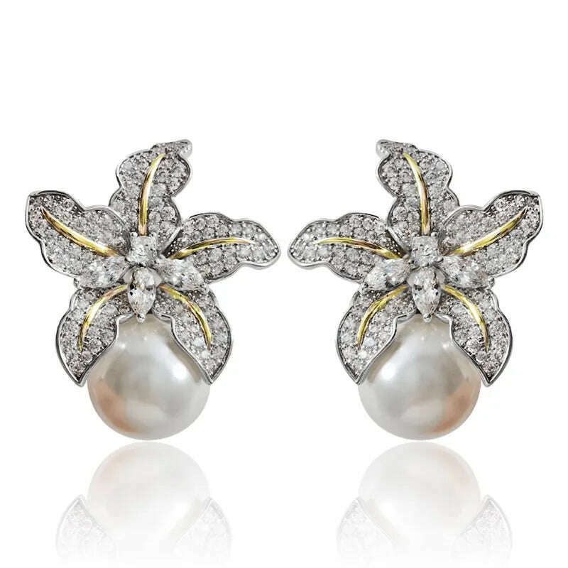 KIMLUD, Huitan Gorgeous Flower Imitation Pearl Earrings Women Luxury Inlaid Sparkling CZ Stone Fashion Wedding Jewelry Wholesale Lots, KIMLUD Womens Clothes