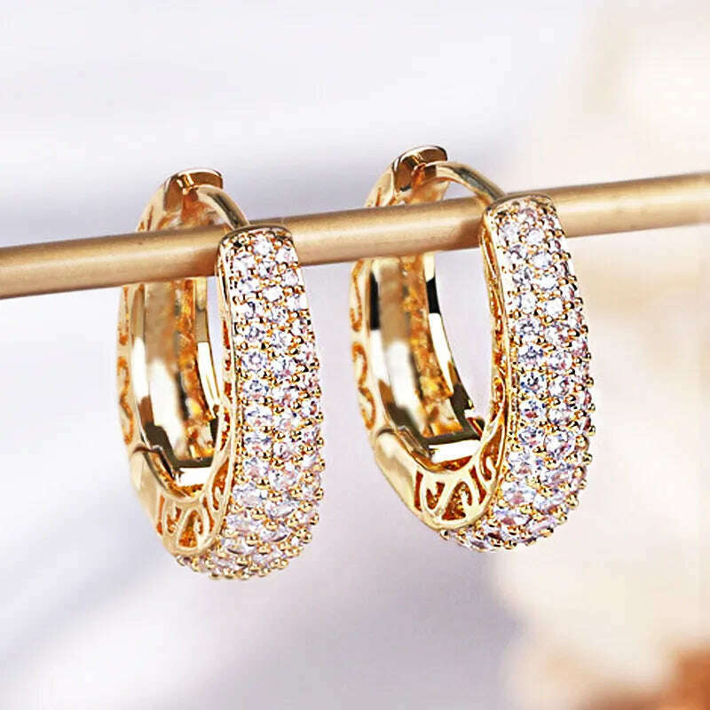 KIMLUD, Huitan Hollow Gold Color Hoop Earrings for Women Paved Dazzling CZ Stone Luxury Trendy Female Circle Earrings Statement Jewelry, E2354, KIMLUD Womens Clothes