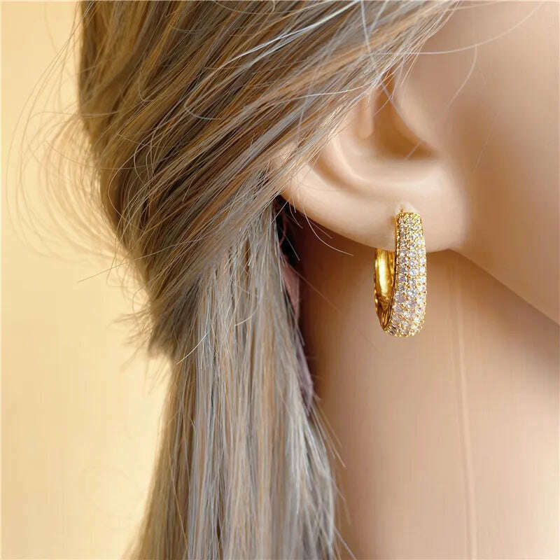 KIMLUD, Huitan Hollow Gold Color Hoop Earrings for Women Paved Dazzling CZ Stone Luxury Trendy Female Circle Earrings Statement Jewelry, KIMLUD Women's Clothes