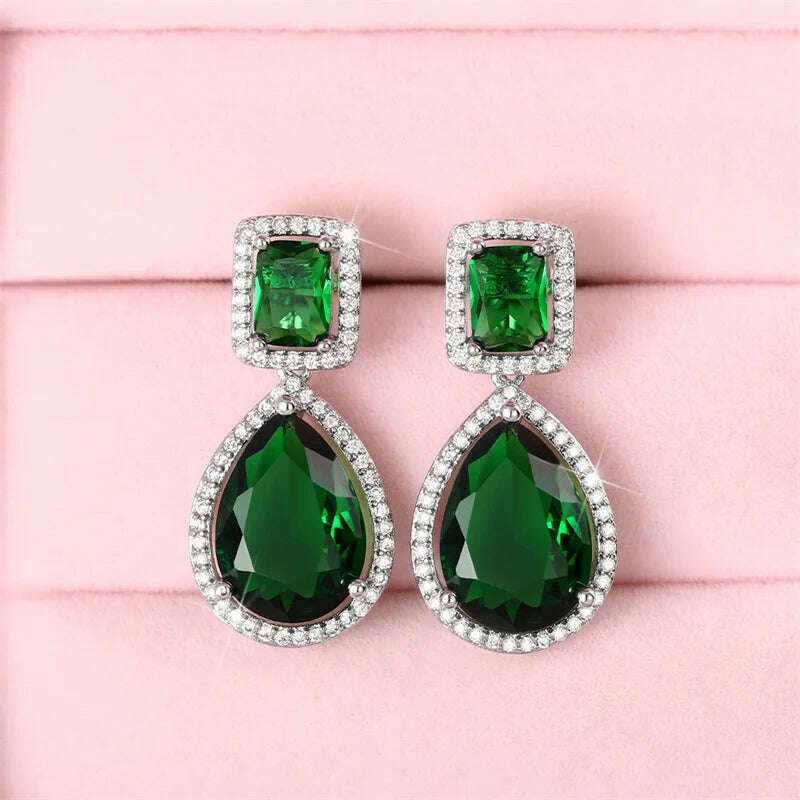 Huitan Luxury Silver Color White/Green CZ Dangle Earrings Engagement Wedding Accessories Women High Quality Silver Color Jewelry - KIMLUD