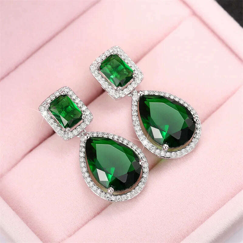 Huitan Luxury Silver Color White/Green CZ Dangle Earrings Engagement Wedding Accessories Women High Quality Silver Color Jewelry - KIMLUD