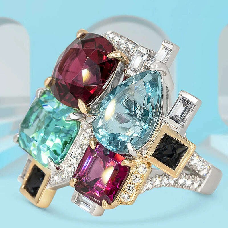 Huitan New Colorful Cubic Zirconia Women Rings for Party Two Tone Personality Female Finger Rings Gorgeous Jewelry Drop Shipping - KIMLUD