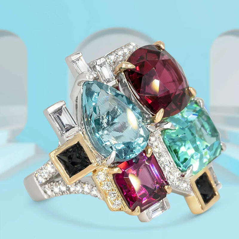 Huitan New Colorful Cubic Zirconia Women Rings for Party Two Tone Personality Female Finger Rings Gorgeous Jewelry Drop Shipping - KIMLUD