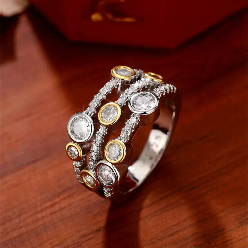 KIMLUD, Huitan Vintage Two Tone Lady&#39;s Rings Anniversary Party Daily Wearable Luxury Cubic Zirconia Rings 2022 New Trend Women Jewelry, KIMLUD Women's Clothes
