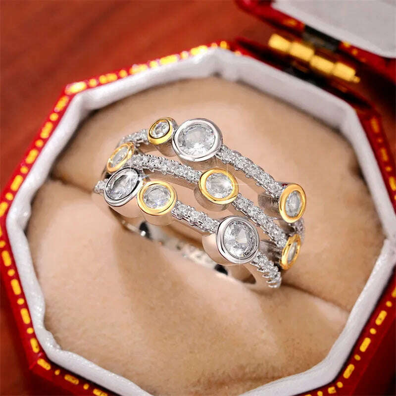 KIMLUD, Huitan Vintage Two Tone Lady&#39;s Rings Anniversary Party Daily Wearable Luxury Cubic Zirconia Rings 2022 New Trend Women Jewelry, KIMLUD Womens Clothes