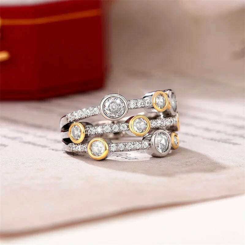 KIMLUD, Huitan Vintage Two Tone Lady&#39;s Rings Anniversary Party Daily Wearable Luxury Cubic Zirconia Rings 2022 New Trend Women Jewelry, KIMLUD Women's Clothes