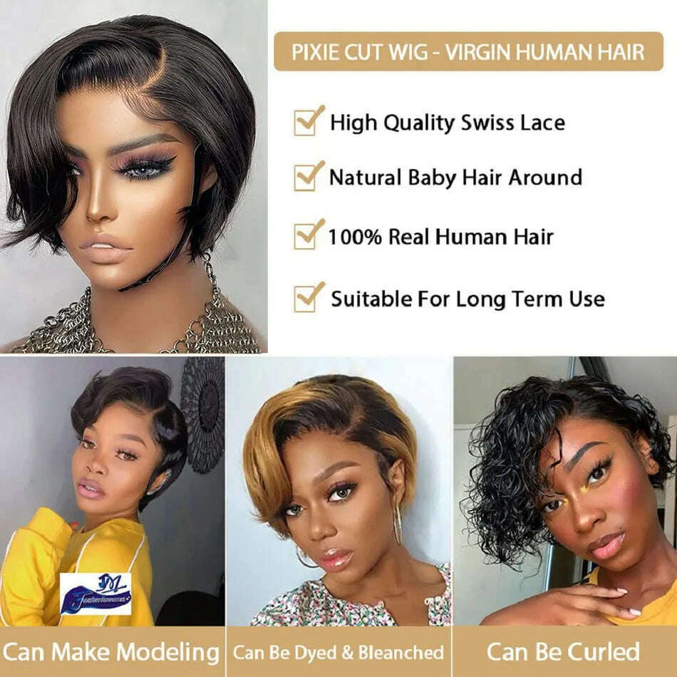 KIMLUD, Human Hair 13X2 Wigs Short Pixie Cut Wigs Straight Bob HD Transparent ISEE Lace Frontal Wigs For Black Women 250Density Perruque, KIMLUD Womens Clothes