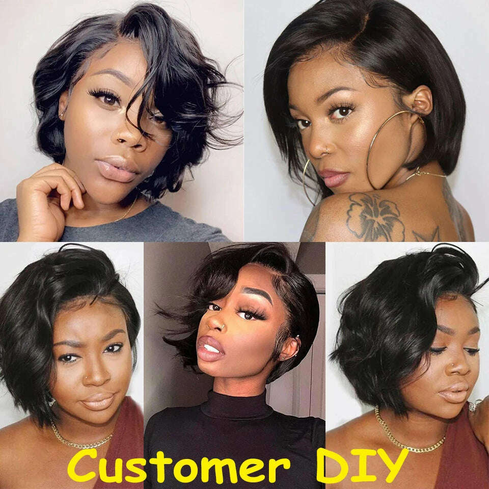KIMLUD, Human Hair 13X2 Wigs Short Pixie Cut Wigs Straight Bob HD Transparent ISEE Lace Frontal Wigs For Black Women 250Density Perruque, KIMLUD Women's Clothes