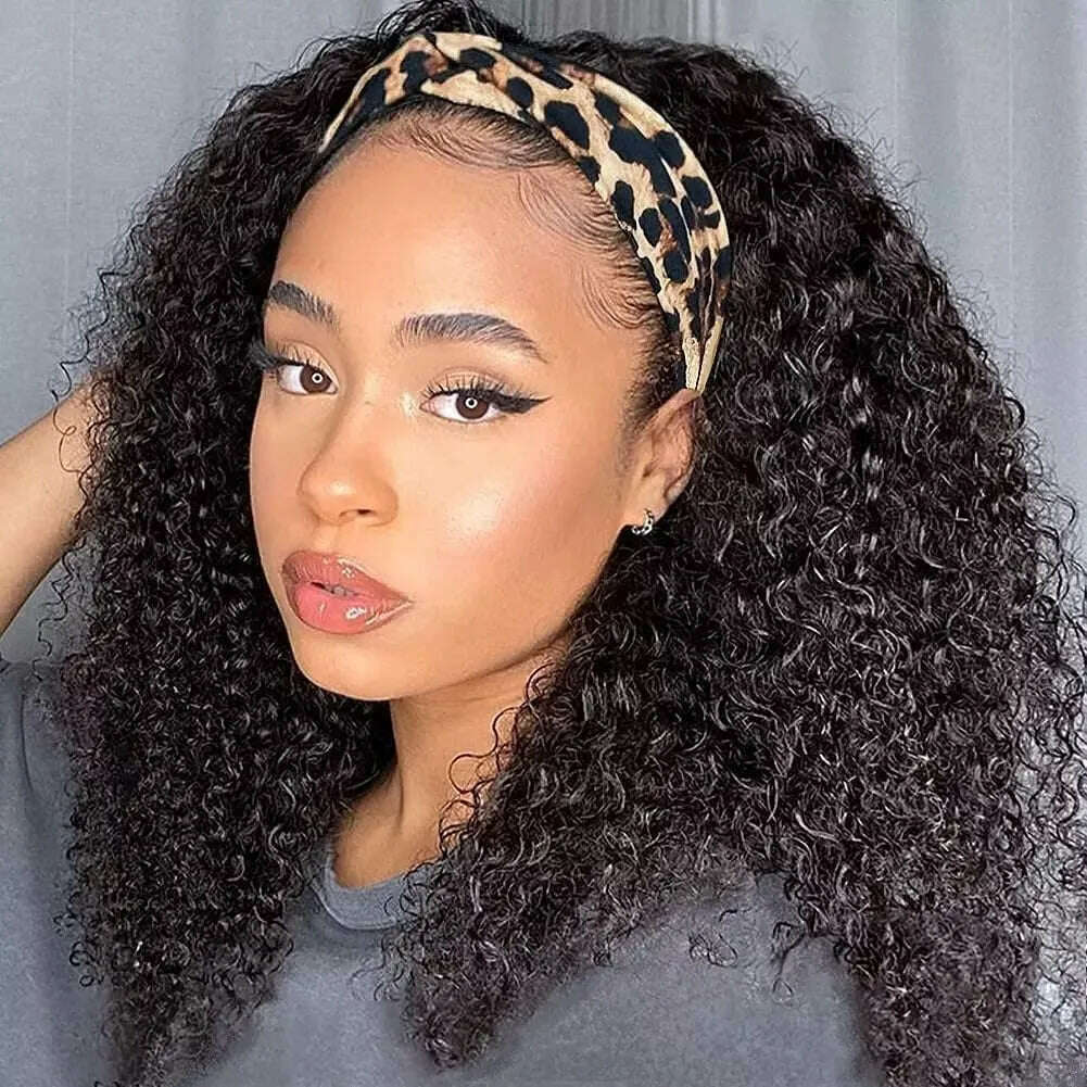 Human Hair Headband Wig Kinky Curly Glueless Full Machine Made Brazilian Remy Human Hair Wigs For Women 180% Density EMOL Hair - KIMLUD