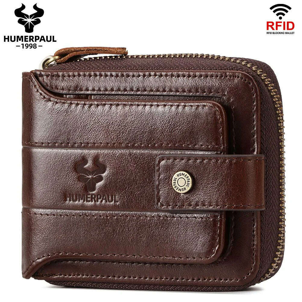 KIMLUD, HUMERPAUL Genuine Leather Men's Wallet RFID Male Credit Card Holder with ID Window Multifunction Storage Bag Zipper Coin Purse, KIMLUD Womens Clothes