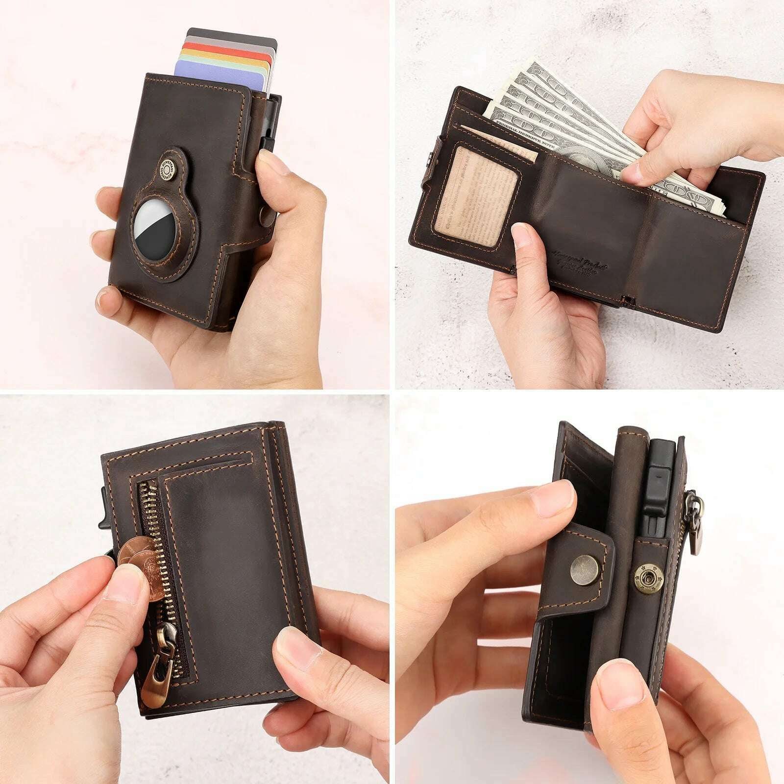 HUMERPAUL Wallet for Apple Airtage RFID Blocking Card Holder Business Aluminum Pop Up Slide Cardholder Case with Zip Coin Purse - KIMLUD