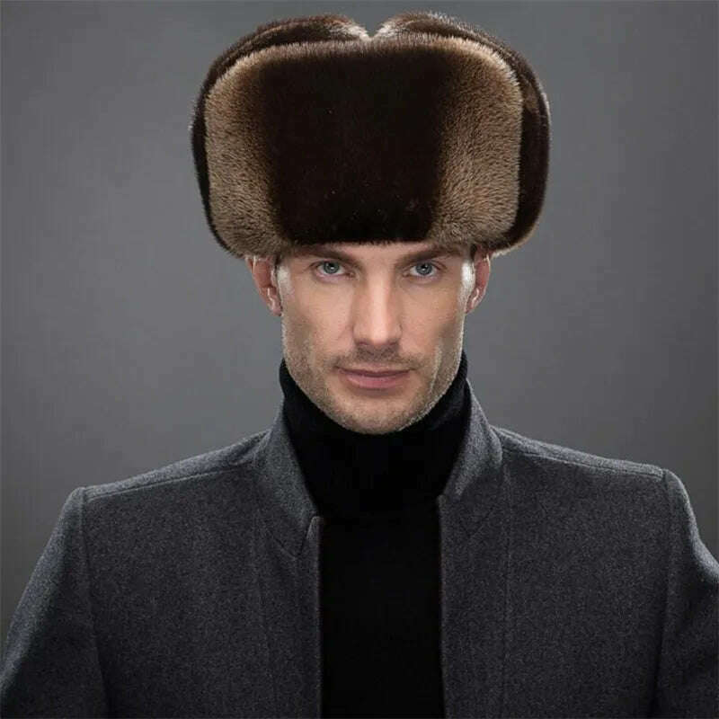 KIMLUD, IANLAN Fashion Mens Import Full-pelt Otter Fur Bomber Hats Solid Russian Style Winter Windproof Lutra Fur Earmuffs Hats IL00246, Head Girth - 56cm, KIMLUD Womens Clothes