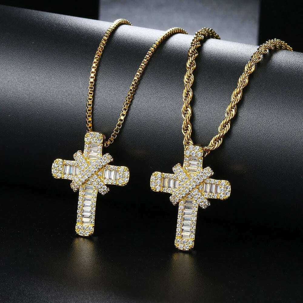 KIMLUD, Iced Out Pendants Cross Necklaces for Women Hip Hop Gold Color Zircon Neck Chain Streetwear Hippie Jewelry Christmas Gift OHP142, KIMLUD Womens Clothes