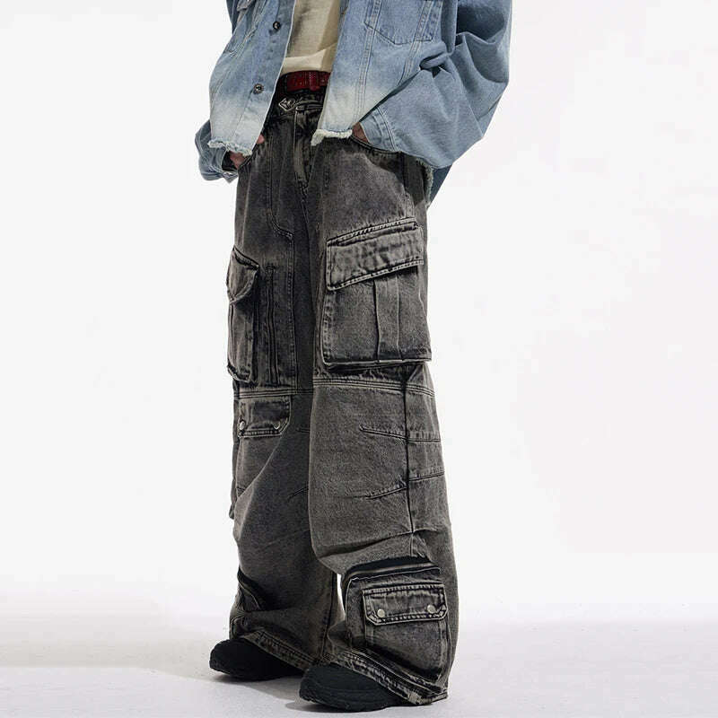 KIMLUD, IEFB Niche Design Vintage Men's Overalls Multi-pocket Jeans Zipper High Waist Solid Color Personalized Male Denim Pants 9A7703, KIMLUD Womens Clothes