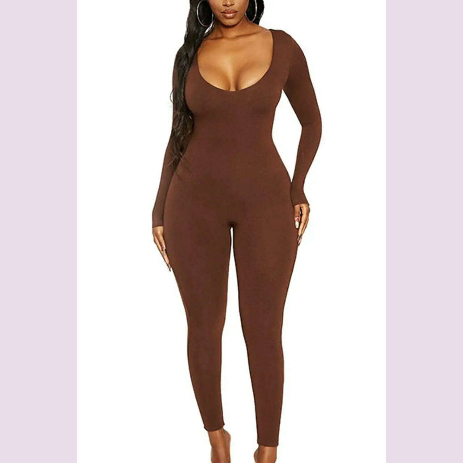 KIMLUD, II Women's Rompers Long Sleeve Solid Skinny Bodycon Jumpsuits Fashion Sports Fitness Casual Activity Streetwear Overalls, Brown / XXL, KIMLUD APPAREL - Womens Clothes