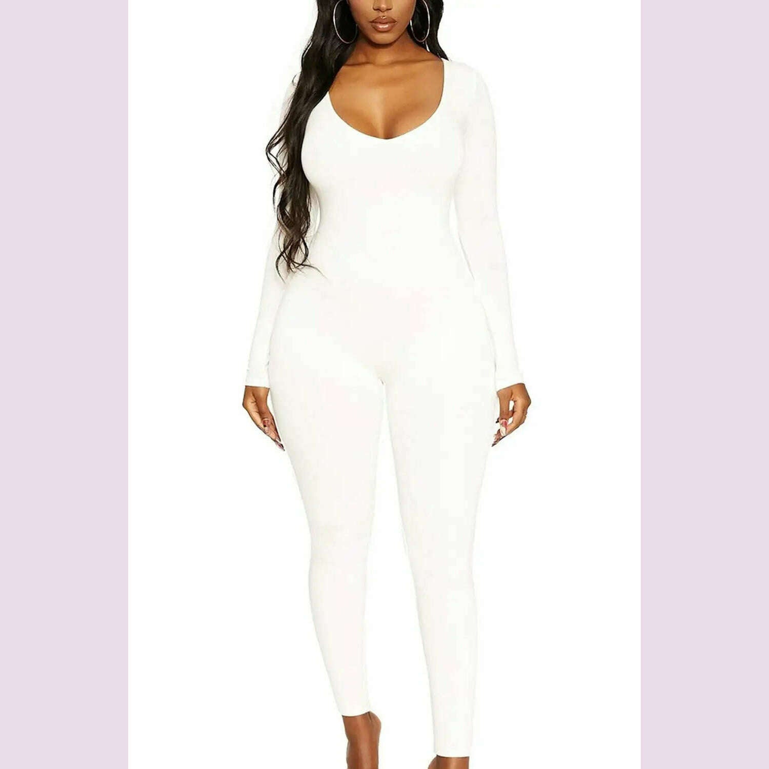 KIMLUD, II Women's Rompers Long Sleeve Solid Skinny Bodycon Jumpsuits Fashion Sports Fitness Casual Activity Streetwear Overalls, White / XXL, KIMLUD APPAREL - Womens Clothes