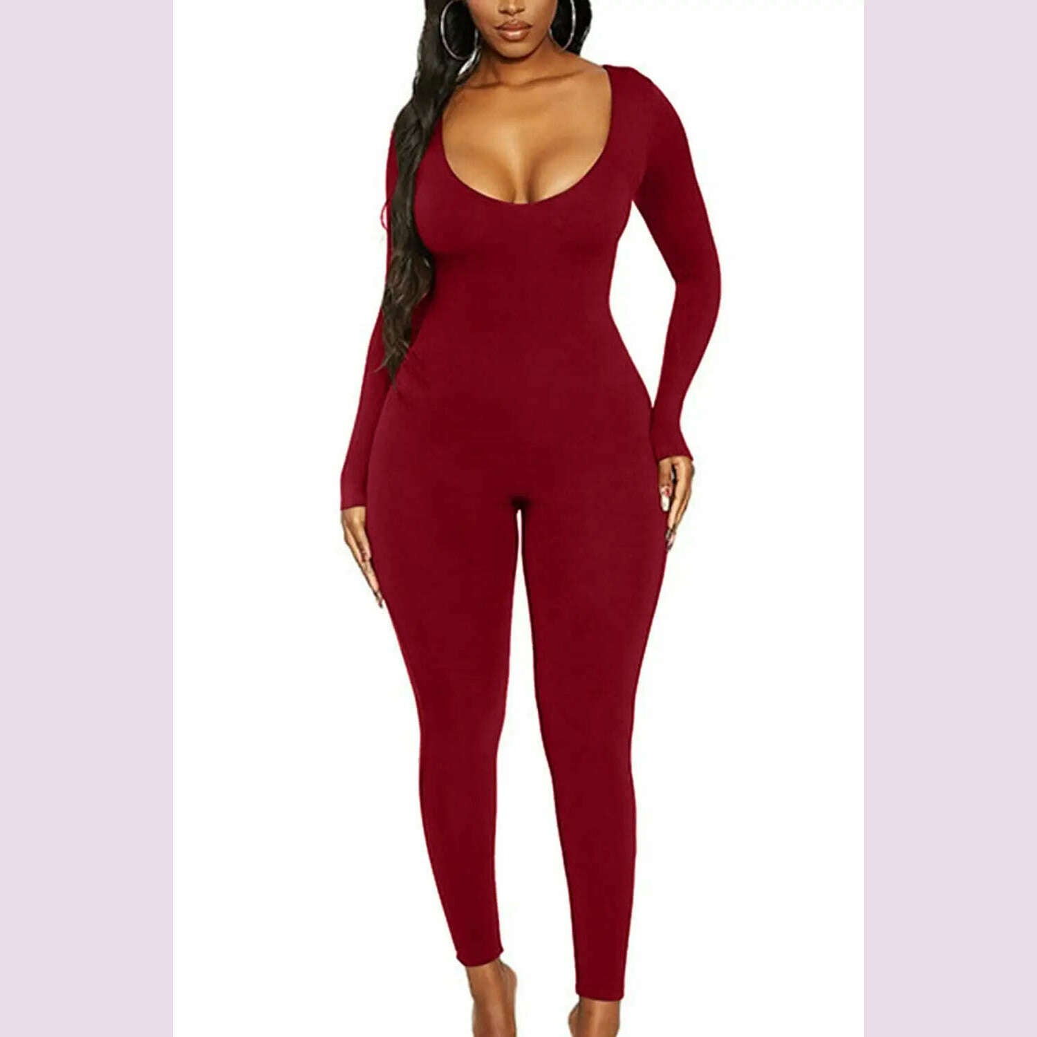 KIMLUD, II Women's Rompers Long Sleeve Solid Skinny Bodycon Jumpsuits Fashion Sports Fitness Casual Activity Streetwear Overalls, Red / XXL, KIMLUD APPAREL - Womens Clothes