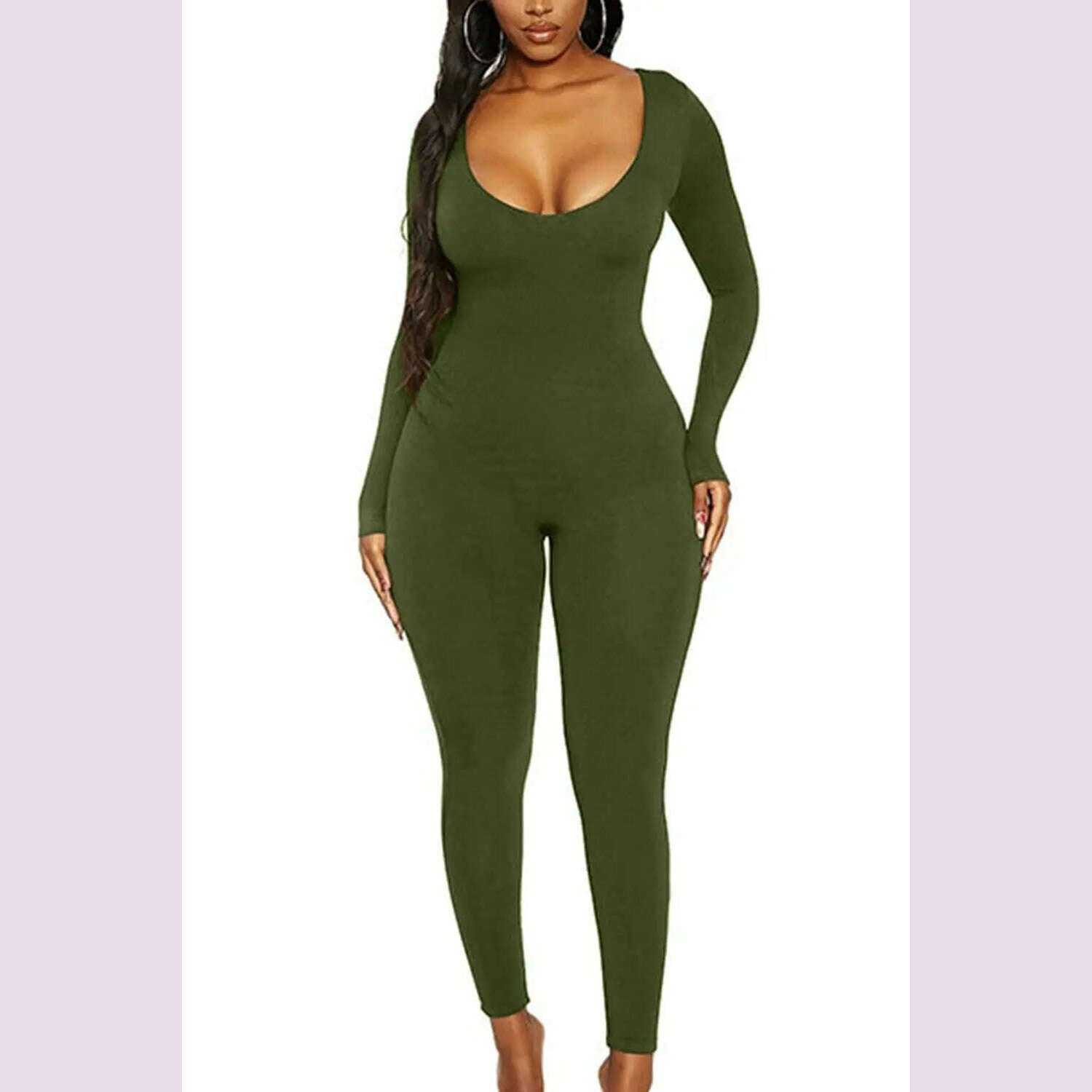 KIMLUD, II Women's Rompers Long Sleeve Solid Skinny Bodycon Jumpsuits Fashion Sports Fitness Casual Activity Streetwear Overalls, Green / XXL, KIMLUD APPAREL - Womens Clothes