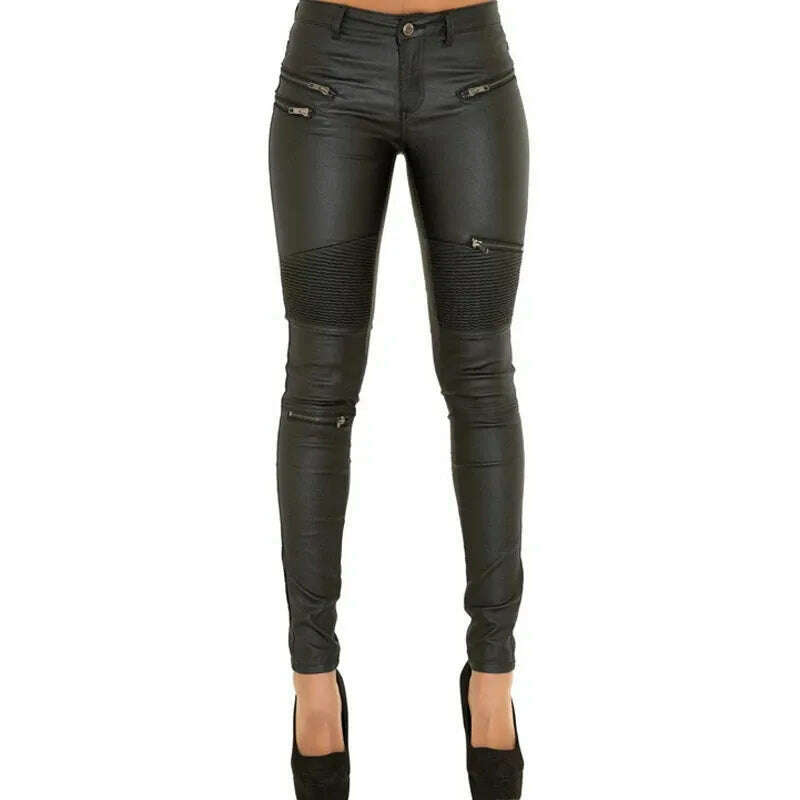 KIMLUD, Imitation Leather Jeans Girls Pants Women Zippers Low Waist Elastic Skinny Pencil Pants Punk Rock Slim Black Trousers Streetwear, KIMLUD Womens Clothes