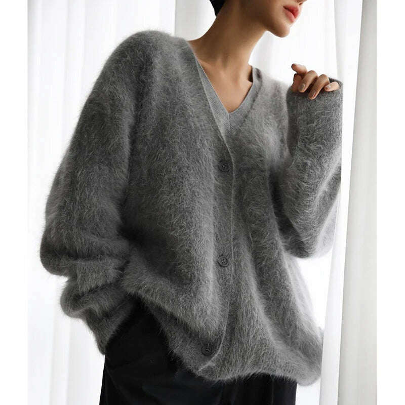 KIMLUD, Imitation Mink Cardigan Women Autumn Long Sleeve V Neck Knitted Sweater Female Elegant Vintage Fashion Single Breasted Knitwears, Dark Grey / S, KIMLUD APPAREL - Womens Clothes