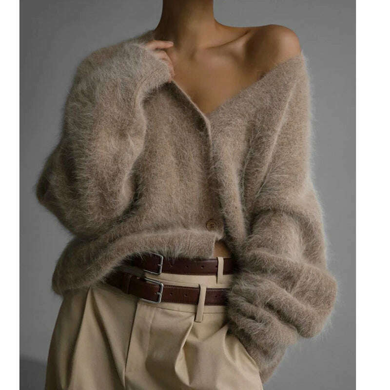 KIMLUD, Imitation Mink Cardigan Women Autumn Long Sleeve V Neck Knitted Sweater Female Elegant Vintage Fashion Single Breasted Knitwears, Khaki / S, KIMLUD Womens Clothes