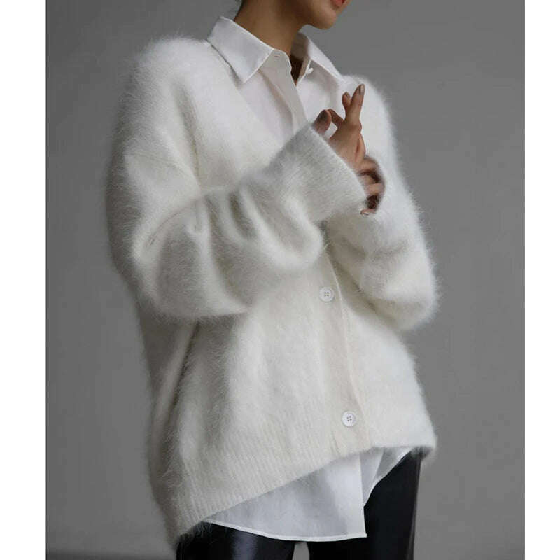 KIMLUD, Imitation Mink Cardigan Women Autumn Long Sleeve V Neck Knitted Sweater Female Elegant Vintage Fashion Single Breasted Knitwears, White / S, KIMLUD Womens Clothes